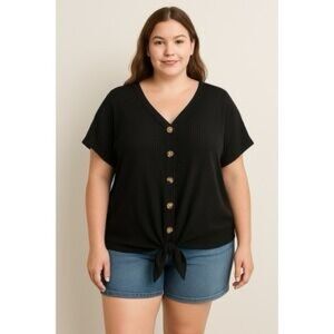 Pink Rose Black Button-Down Tie-Front Blouse